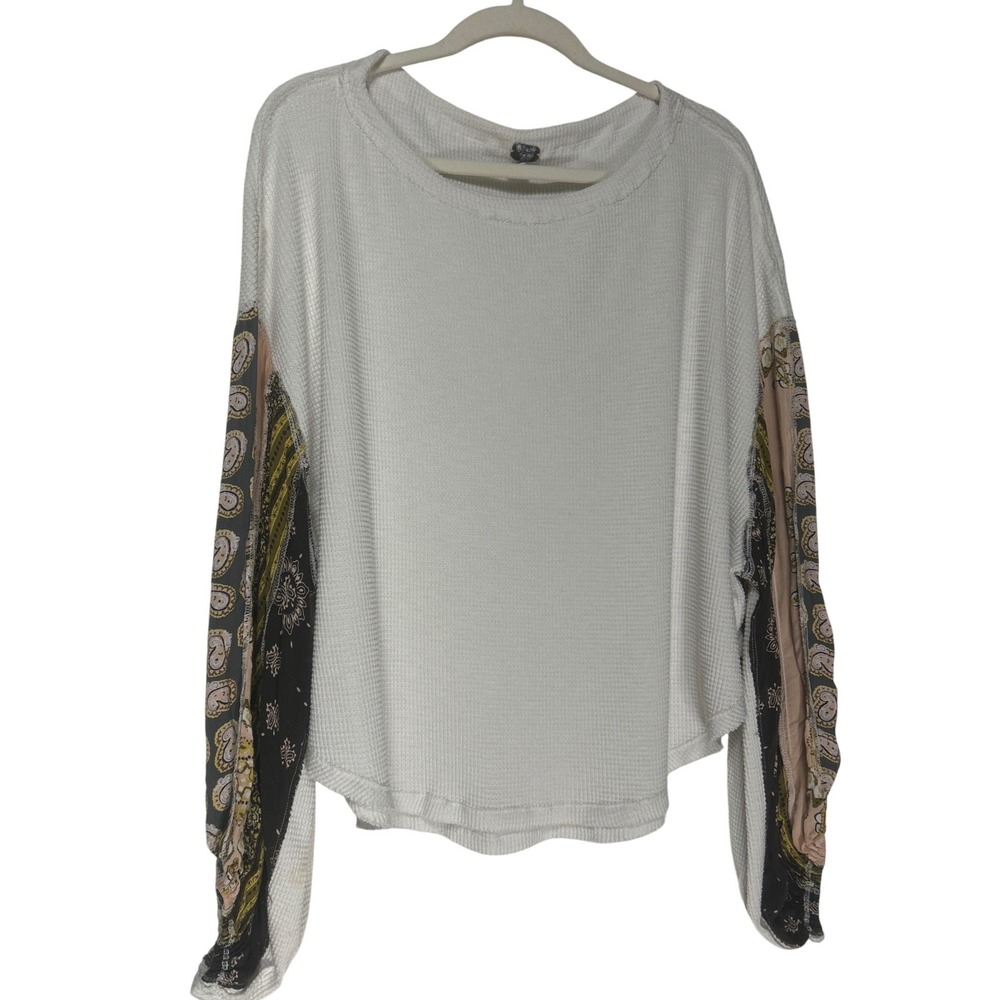 Free People Blossom Thermal Top Balloon Sleeve Boho Size L Oversized Patchwork